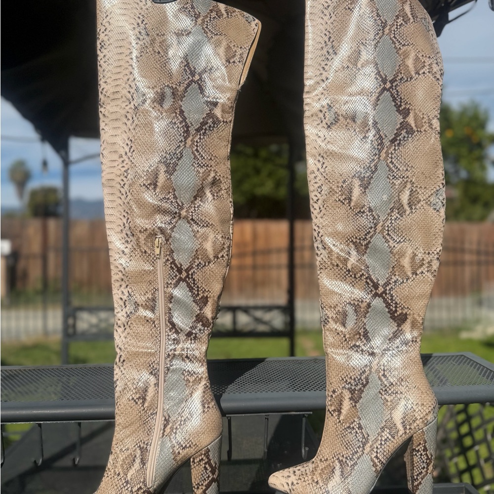 Othr Snake-Print Over-the-Knee Boots - Beige/Brown - Picture 2 of 4